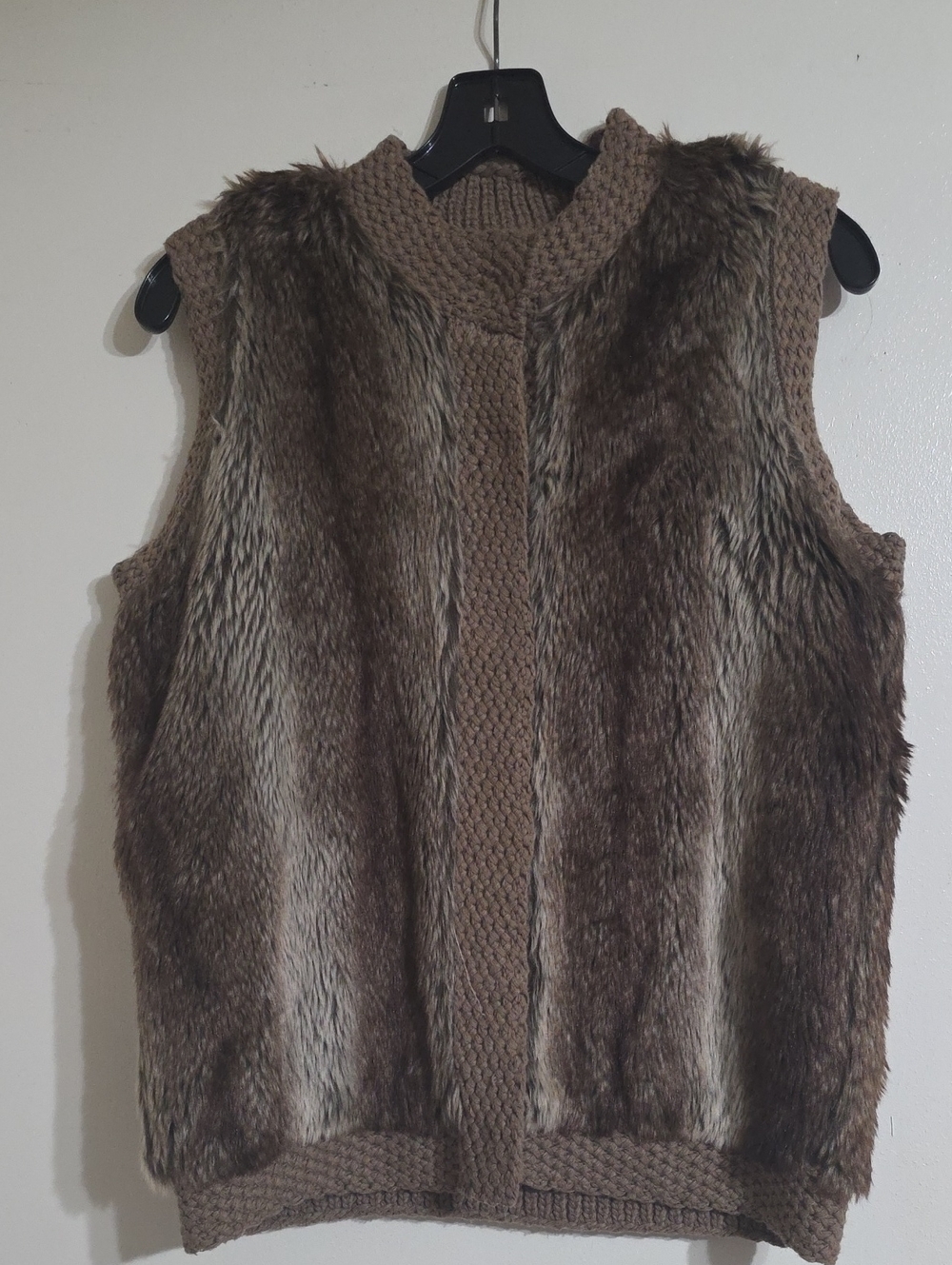 Cato Brown Faux Fur Knit-Trim Sleeveless Open Front Vest Size M